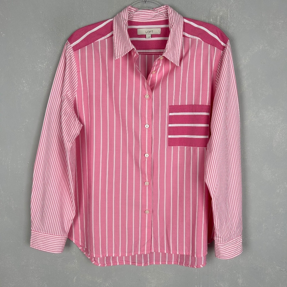LOFT size L long sleeve button up shirt striped cotton blend relaxed fit